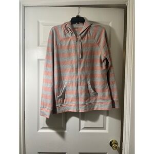 Style & Co Sport Women XL‎ Gray Coral Pink Striped Full Zip Hoodie Sweatshirt